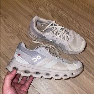 On Running Cream and Gray Athletic Shoes